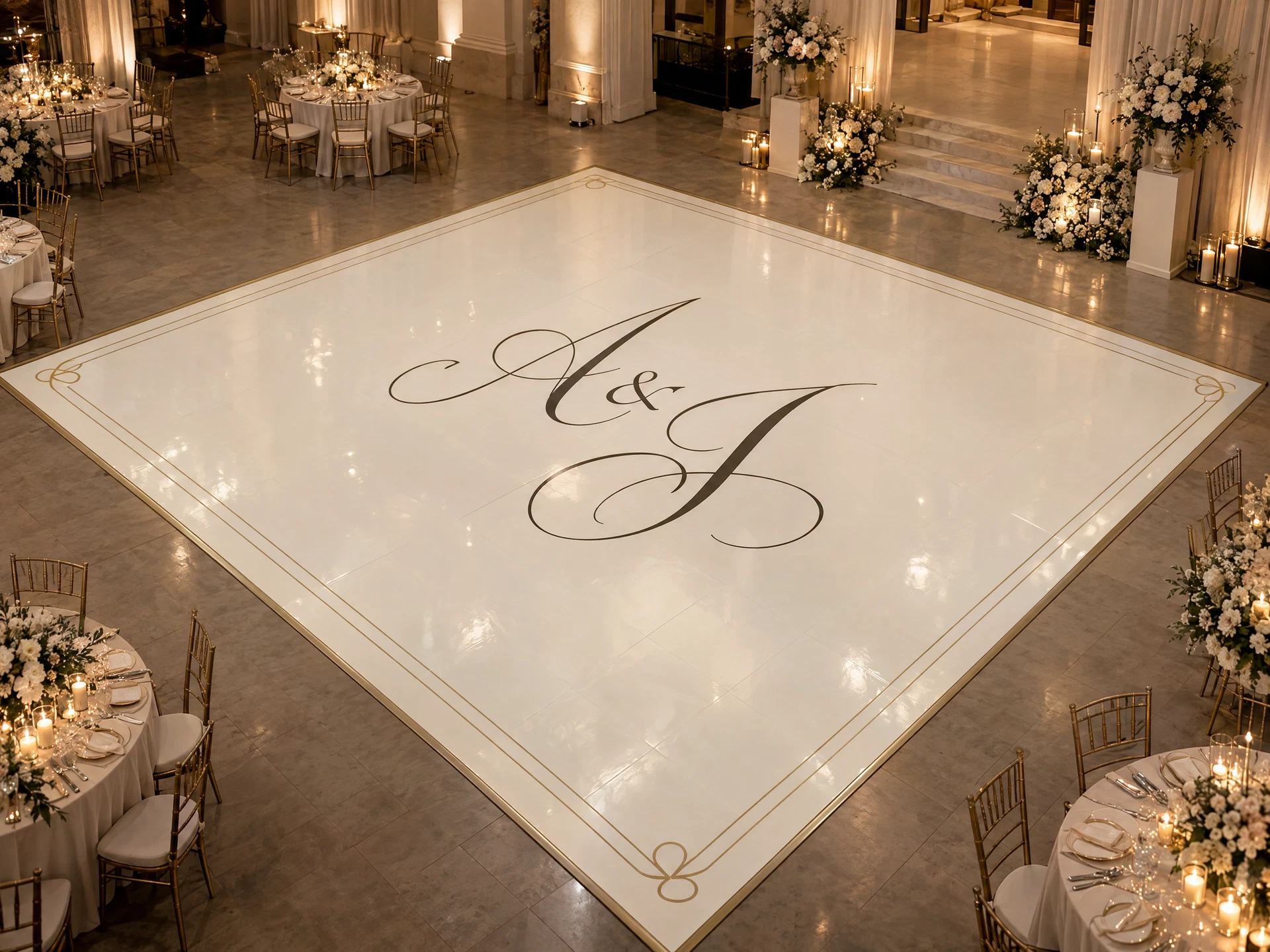 Illustrative ivory dance floor wrap with a wedding monogram and champagne border